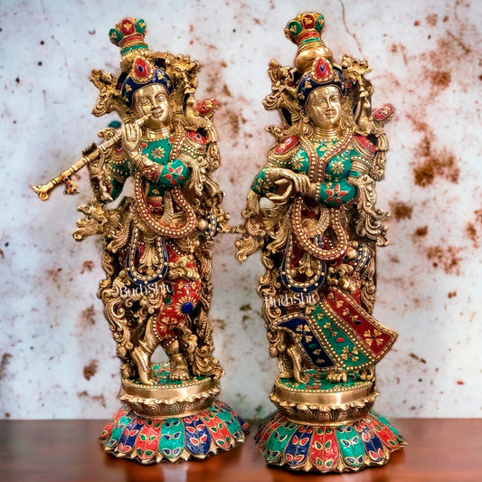 Handcrafted Radha Krishna Brass Idols - Lotus Base, Stone Adornments - 26 inch - Budhshiv.com