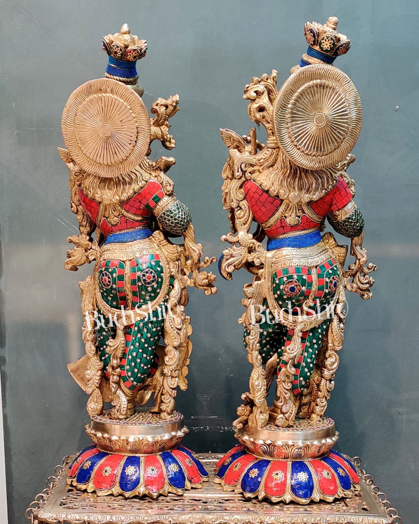 Handcrafted Radha Krishna Brass Idols with Lotus Shaped Base - 26" Height - Budhshiv.com