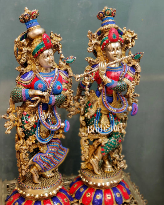 Handcrafted Radha Krishna Brass Idols with Lotus Shaped Base - 26" Height - Budhshiv.com