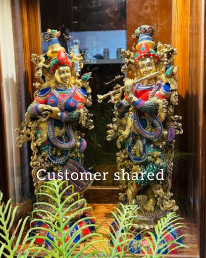 Handcrafted Radha Krishna Brass Idols with Lotus Shaped Base - 26" Height - Budhshiv.com