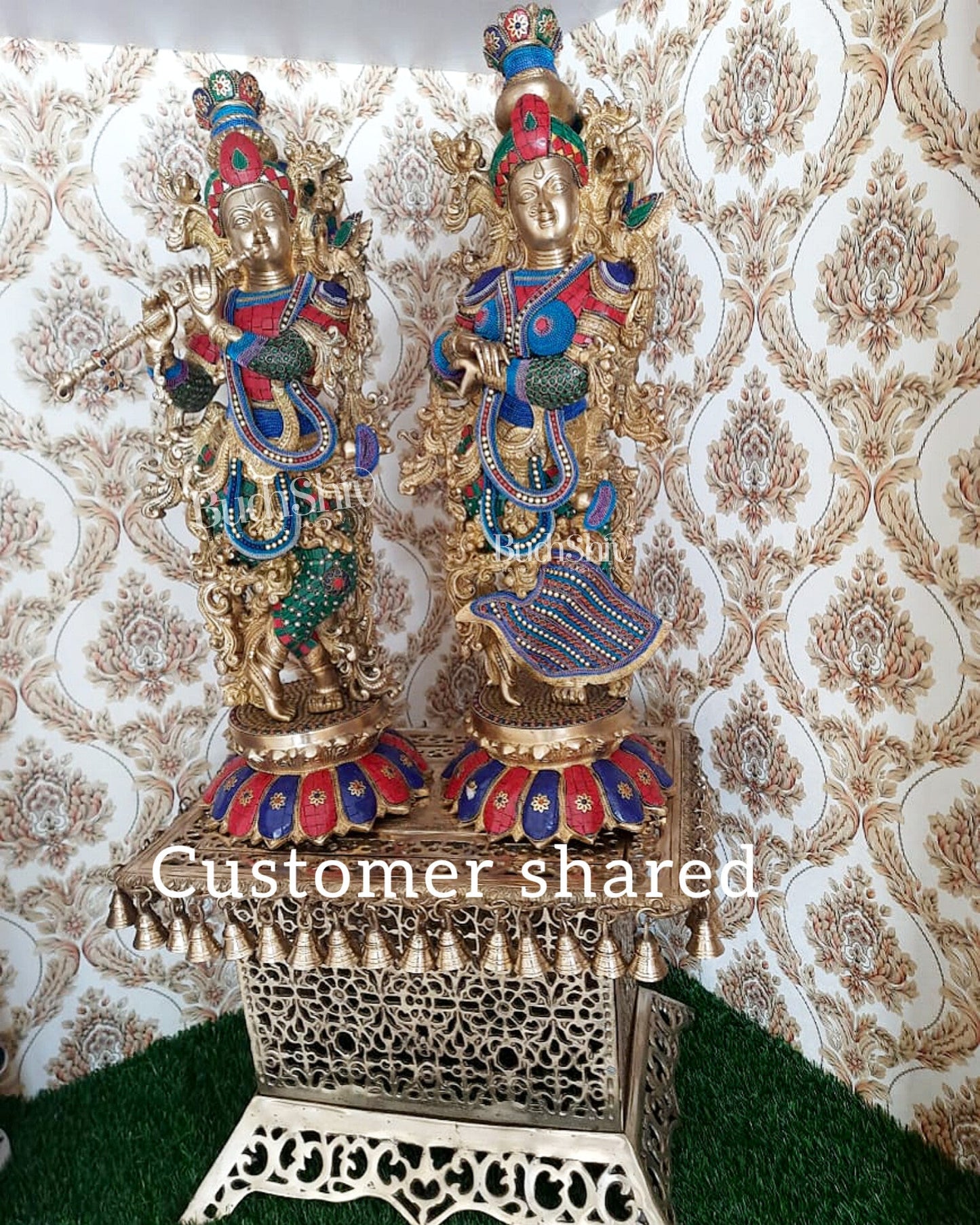 Handcrafted Radha Krishna Brass Idols with Lotus Shaped Base - 26" Height - Budhshiv.com