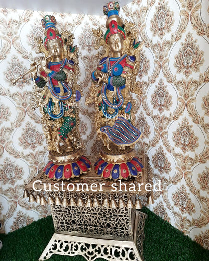 Handcrafted Radha Krishna Brass Idols with Lotus Shaped Base - 26" Height - Budhshiv.com