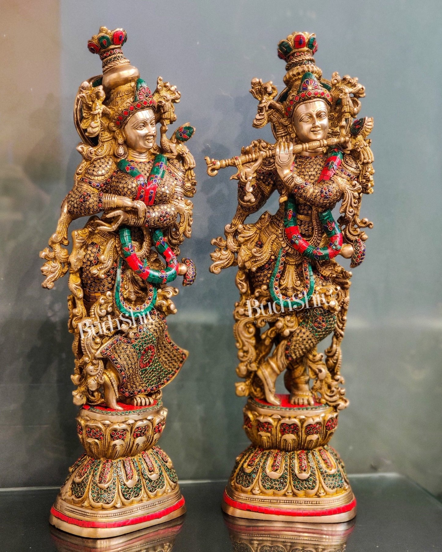 Handcrafted Radha Krishna Idol with Meenakari Stonework 30" - Budhshiv.com