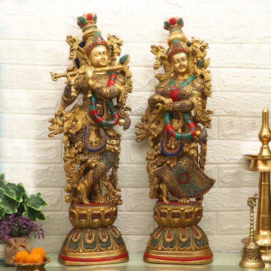 Handcrafted Radhakrishna Idol with Double Layered Meenakari Stonework 30 inch - Budhshiv.com