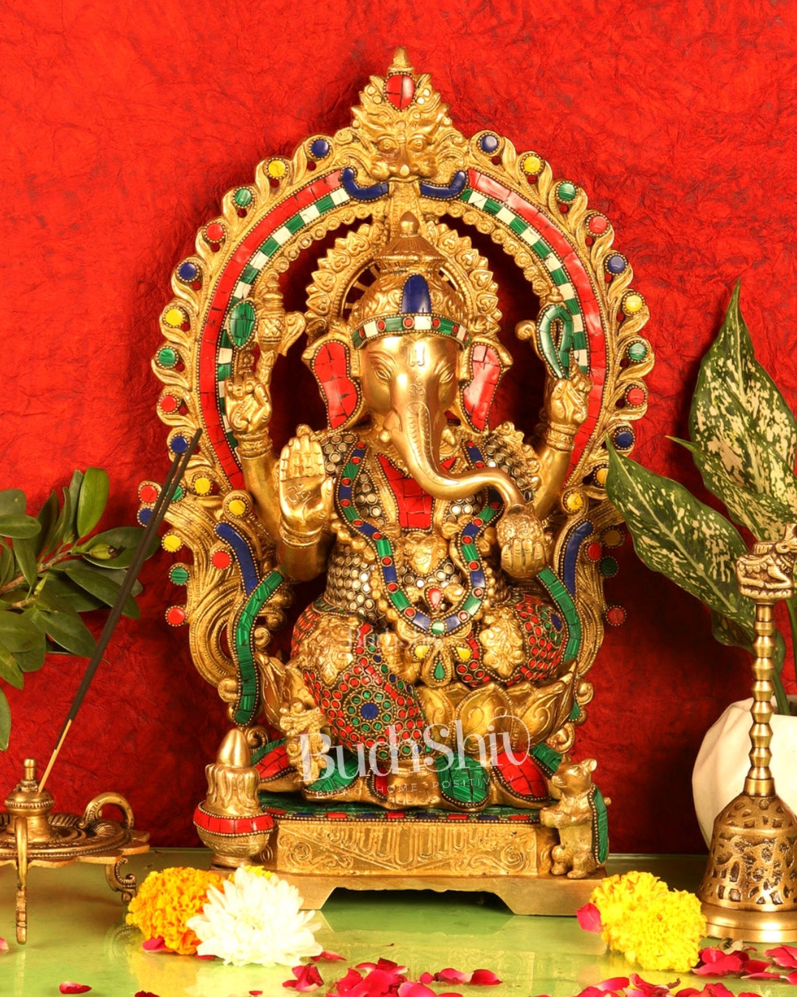 Handcrafted Raja Ganesha Statue with Natural Stones and Pure Brass Rings - 18" Height - Budhshiv.com