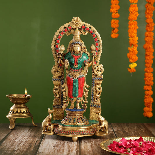 Handcrafted Superfine Brass Goddess Lakshmi Statue with Intricate Stonework | 16" Height - Budhshiv.com