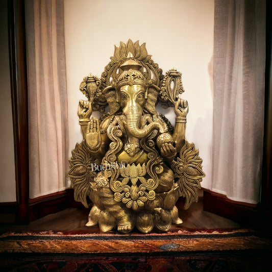 Handcrafted Superfine Brass Kamalasana Ganapathi Sculpture 21" - Budhshiv.com