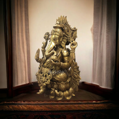 Handcrafted Superfine Brass Kamalasana Ganapathi Sculpture 21" - Budhshiv.com