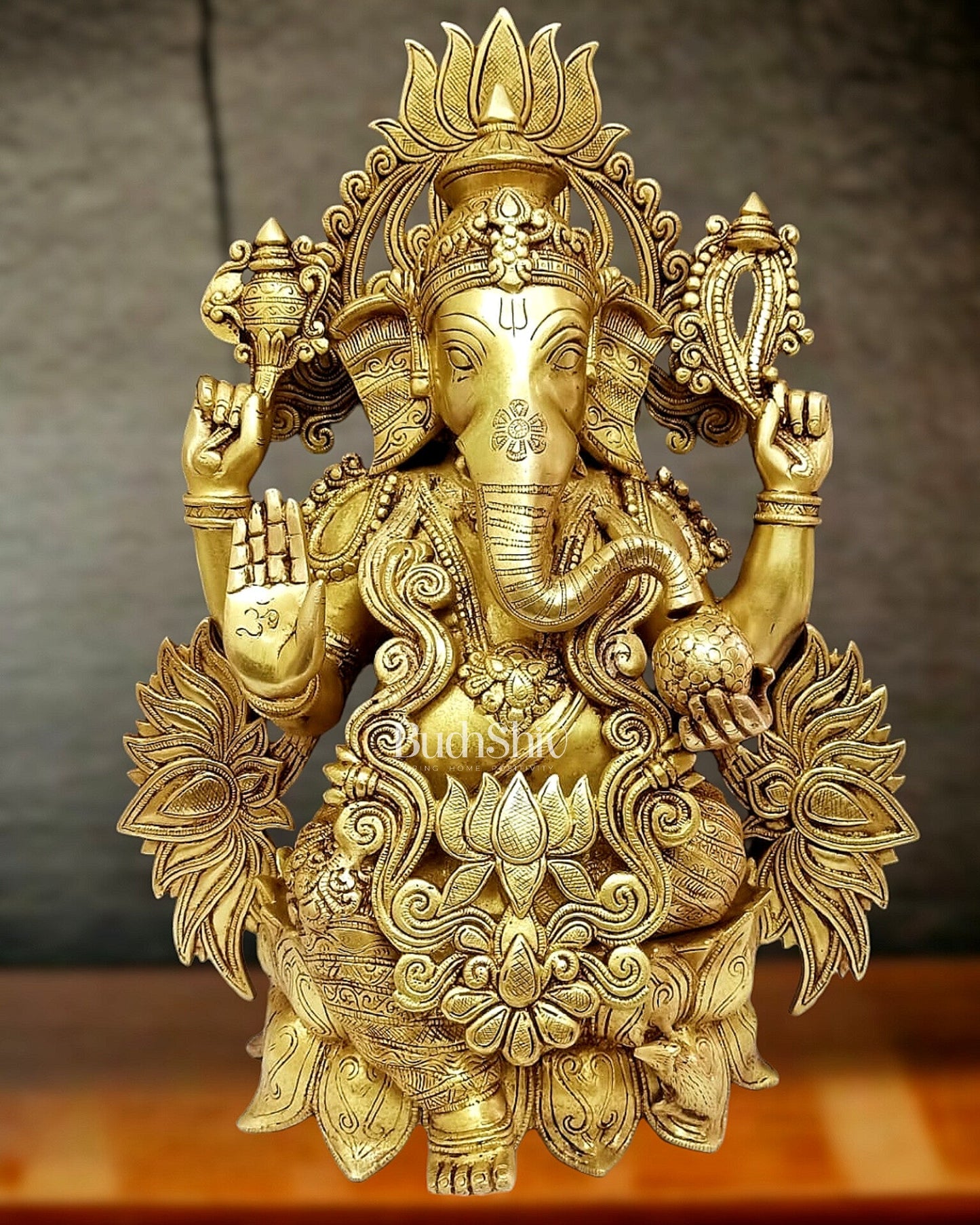 Handcrafted Superfine Brass Kamalasana Ganesha Sculpture 21" - Budhshiv.com