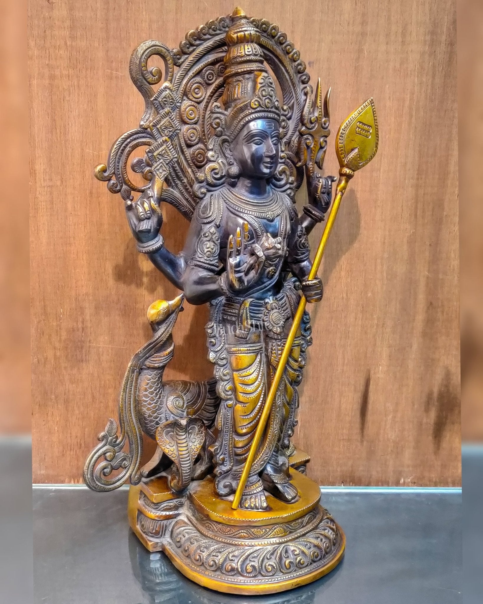 Handcrafted Superfine Brass Lord Murugan Statue - Peacock and Cobra - 20  inches