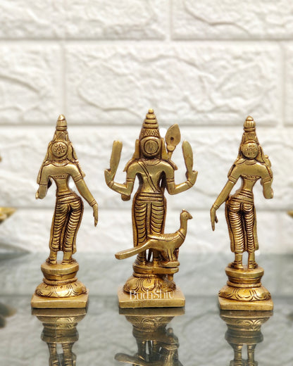 Handcrafted Superfine Brass Lord Murugan with Goddesses Devasena and Valli 5" - Budhshiv.com