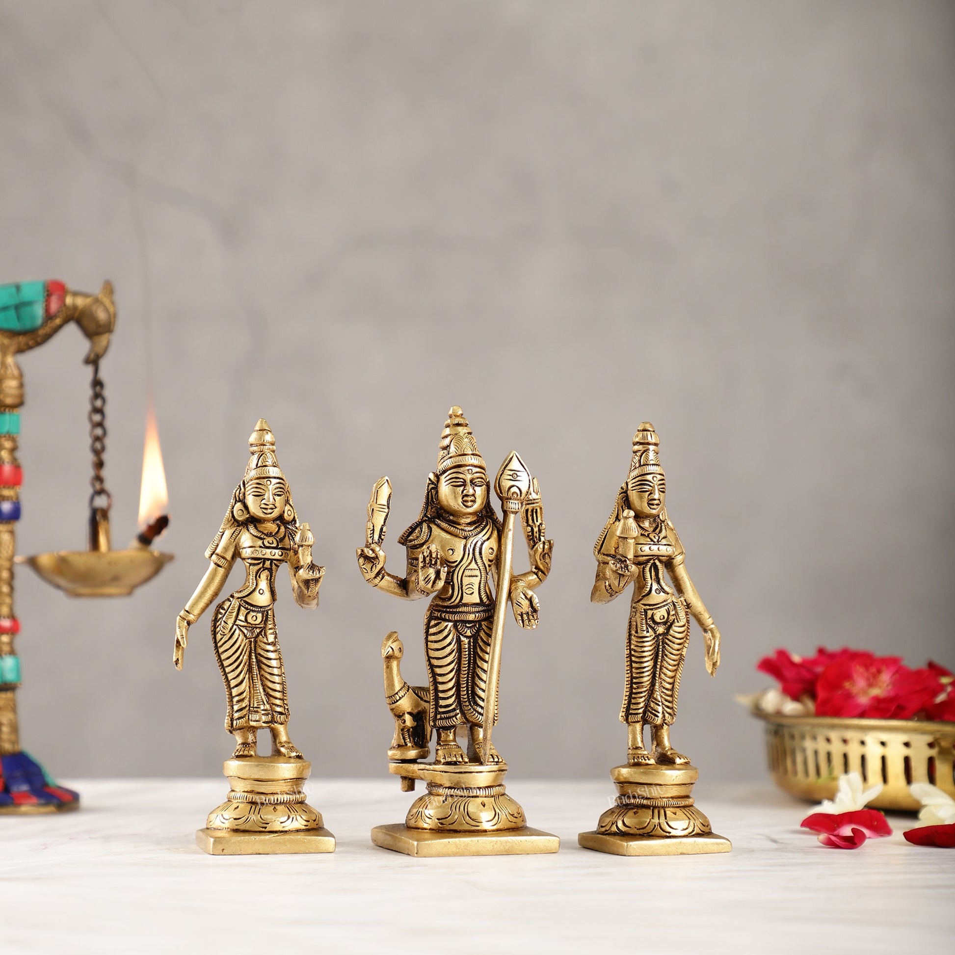 Handcrafted Superfine Brass Lord Murugan with Goddesses Devasena and Valli 5" - Budhshiv.com