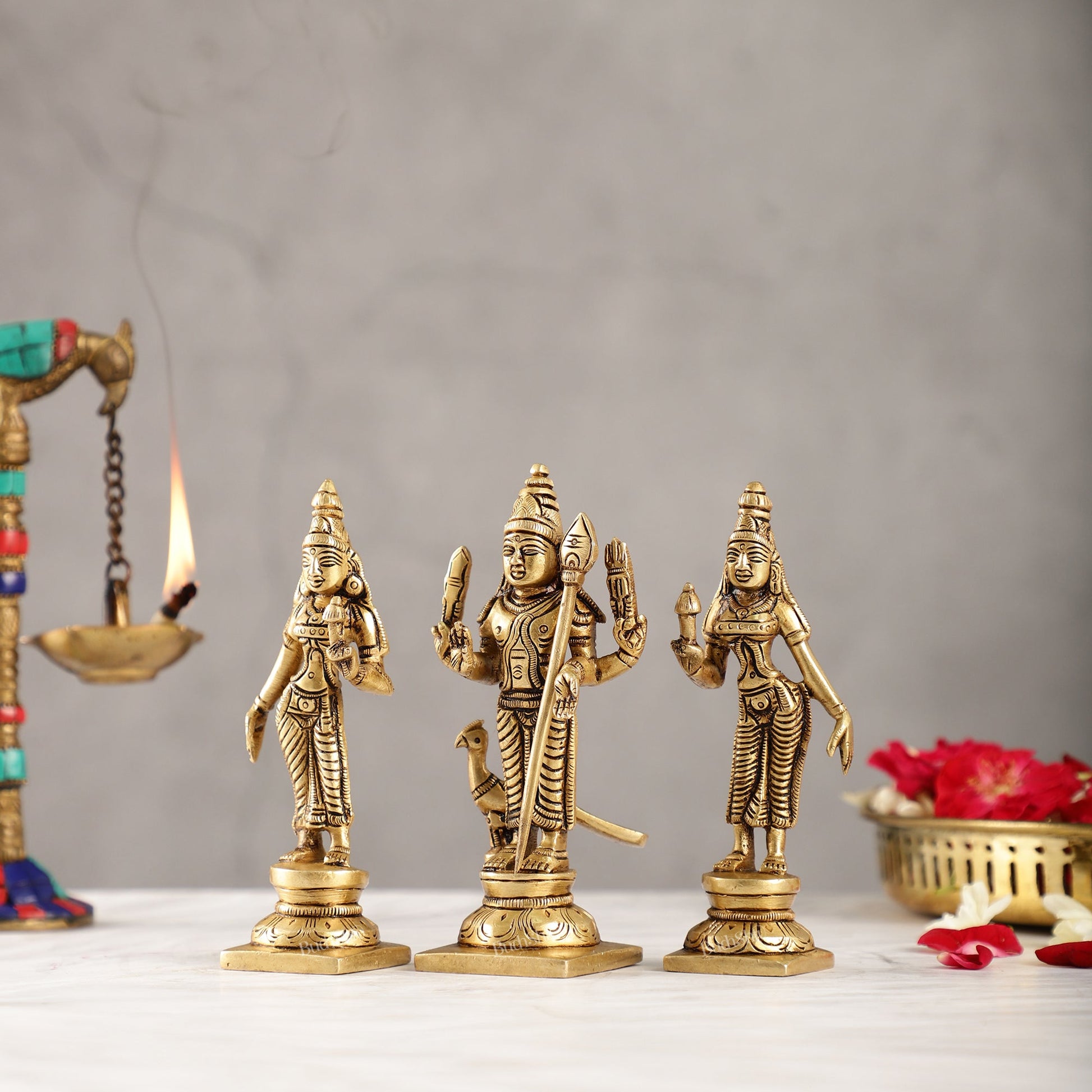 Handcrafted Superfine Brass Lord Murugan with Goddesses Devasena and Valli 5" - Budhshiv.com