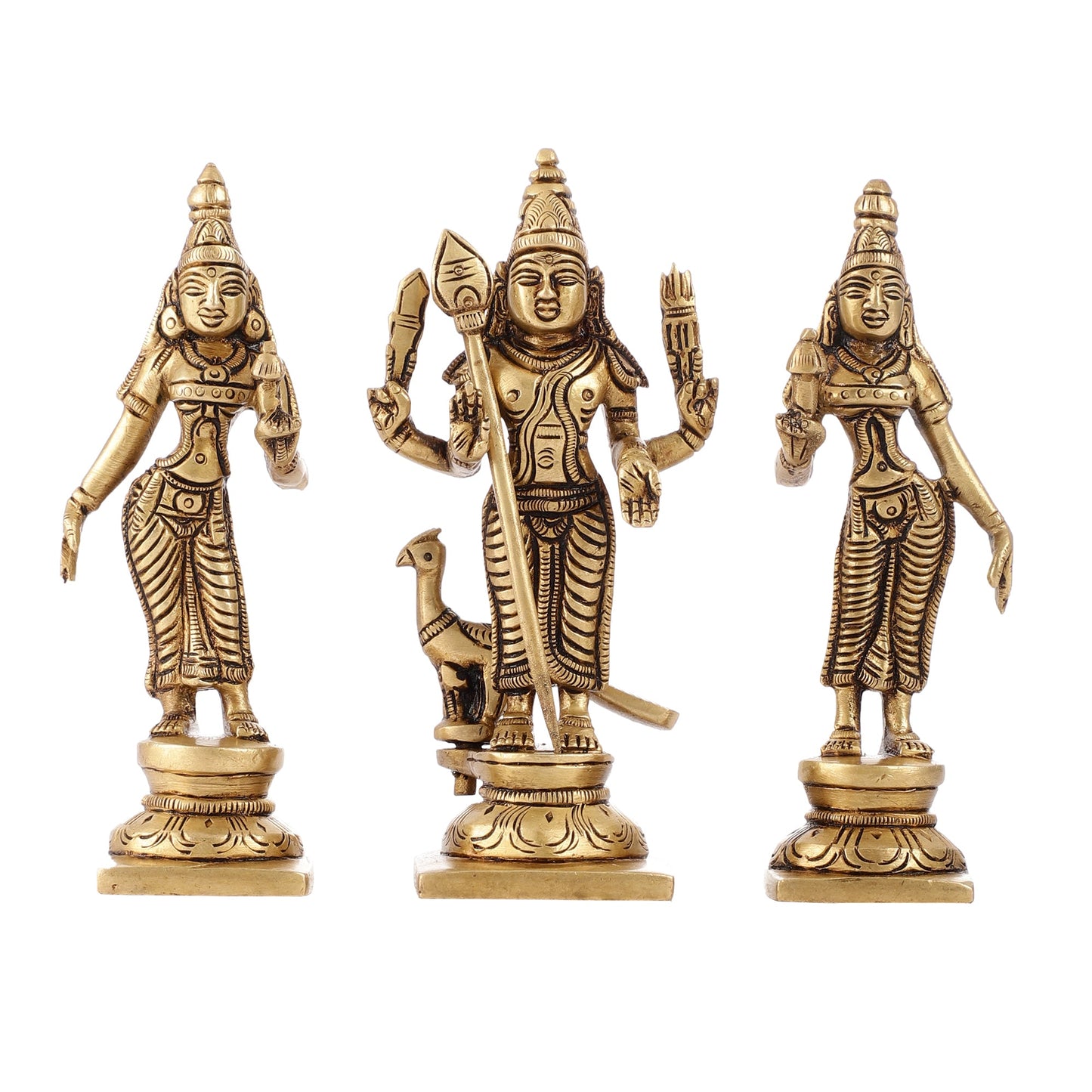 Handcrafted Superfine Brass Lord Murugan with Goddesses Devasena and Valli 5" - Budhshiv.com