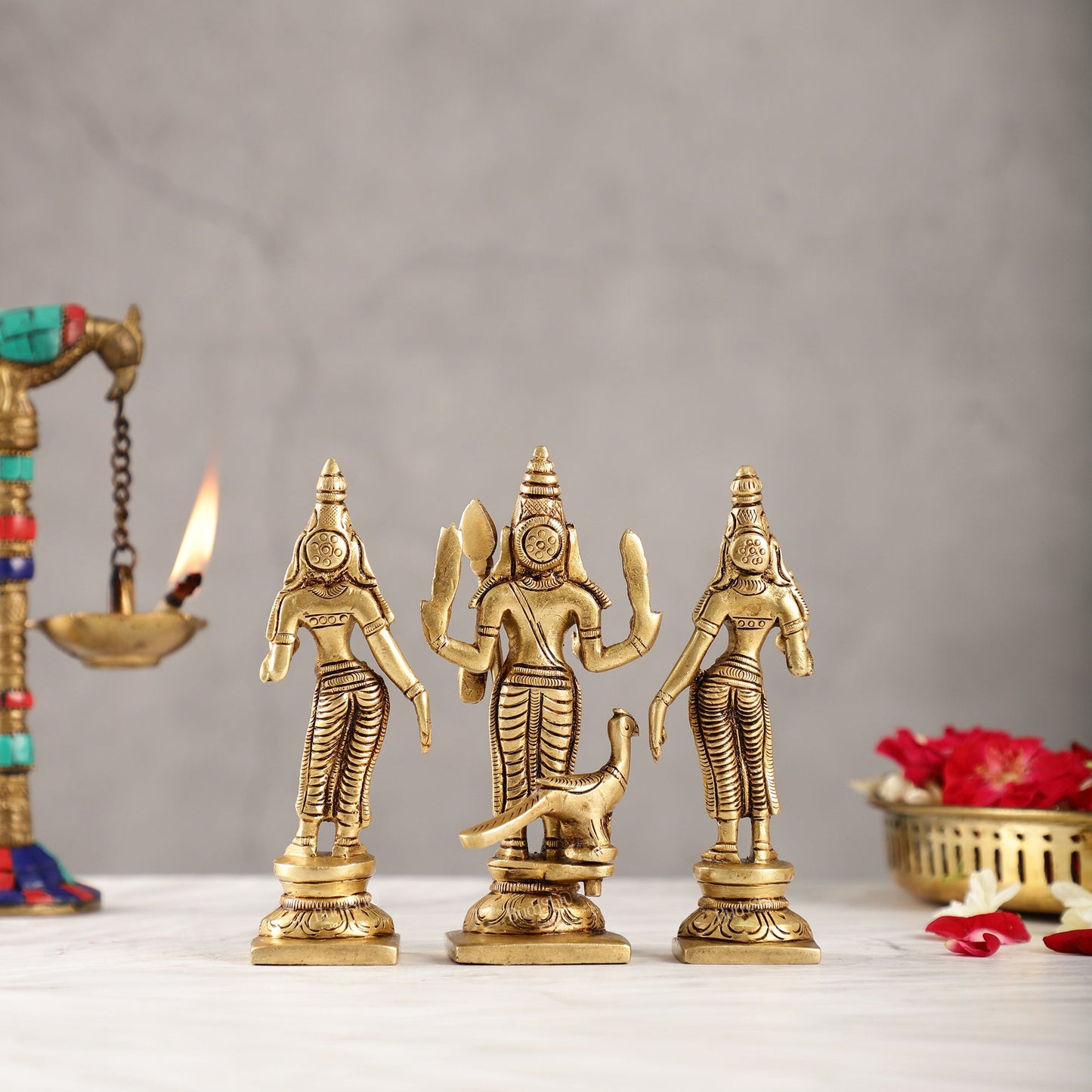 Handcrafted Superfine Brass Lord Murugan with Goddesses Devasena and Valli 5" - Budhshiv.com