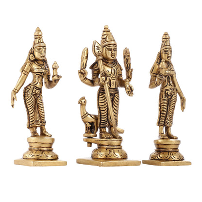 Handcrafted Superfine Brass Lord Murugan with Goddesses Devasena and Valli 5" - Budhshiv.com