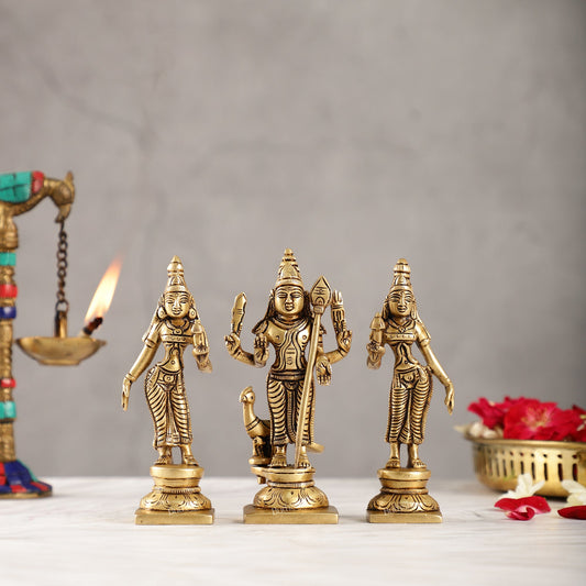 Handcrafted Superfine Brass Lord Murugan with Goddesses Devasena and Valli 5" - Budhshiv.com