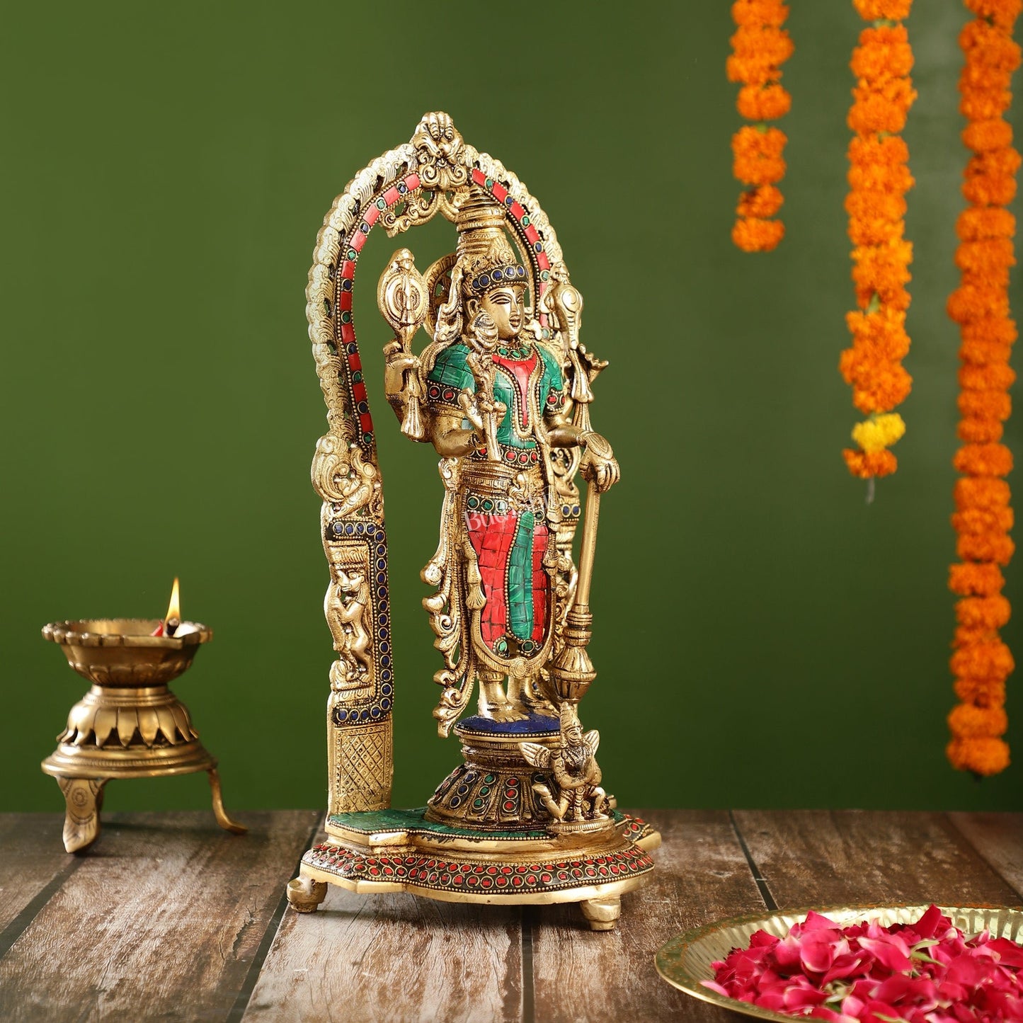 Handcrafted Superfine Brass Lord Vishnu Statue with Intricate Stonework | 16" Height - Budhshiv.com