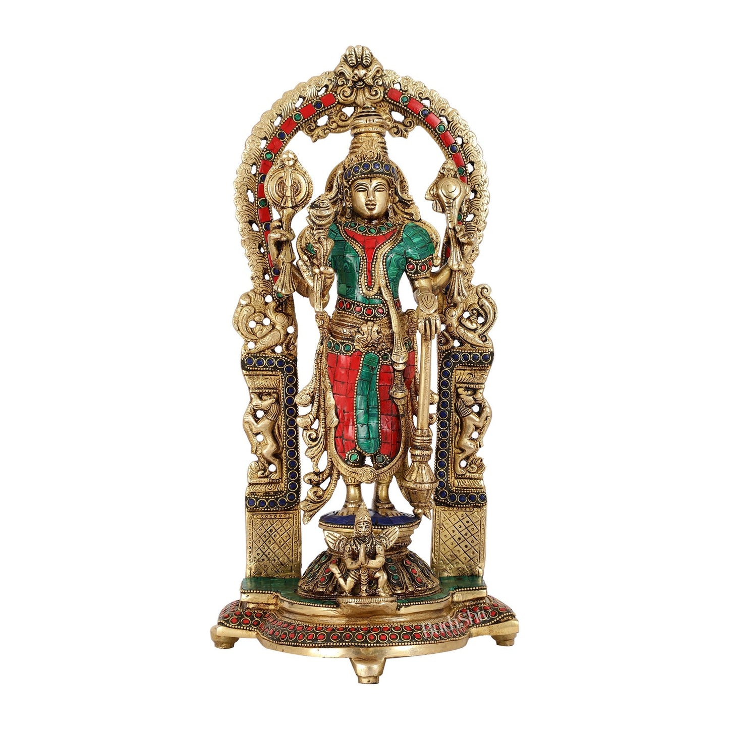 Handcrafted Superfine Brass Lord Vishnu Statue with Intricate Stonework | 16" Height - Budhshiv.com