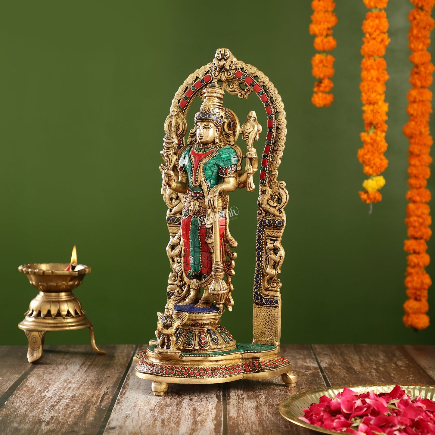 Handcrafted Superfine Brass Lord Vishnu Statue with Intricate Stonework | 16" Height - Budhshiv.com