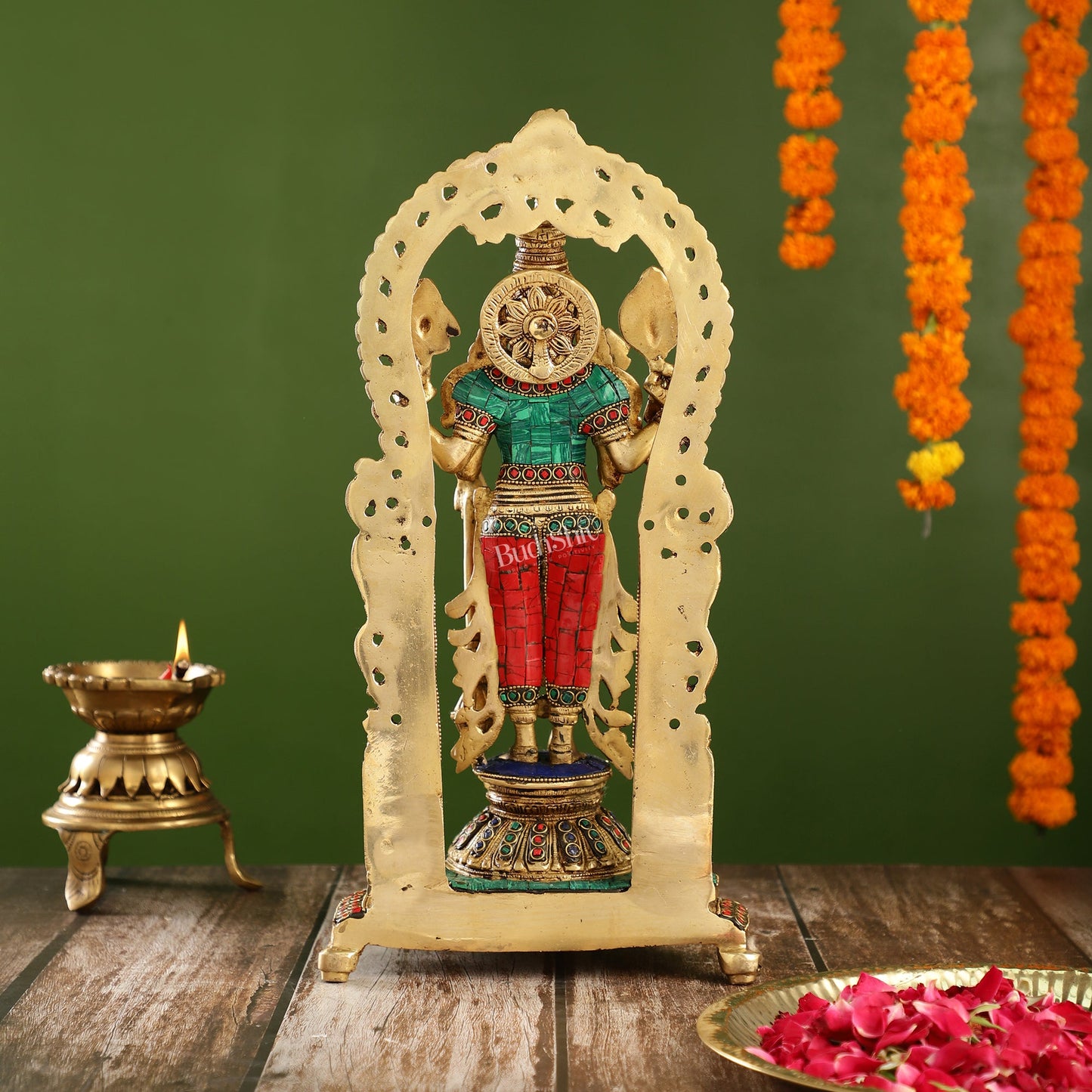 Handcrafted Superfine Brass Lord Vishnu Statue with Intricate Stonework | 16" Height - Budhshiv.com