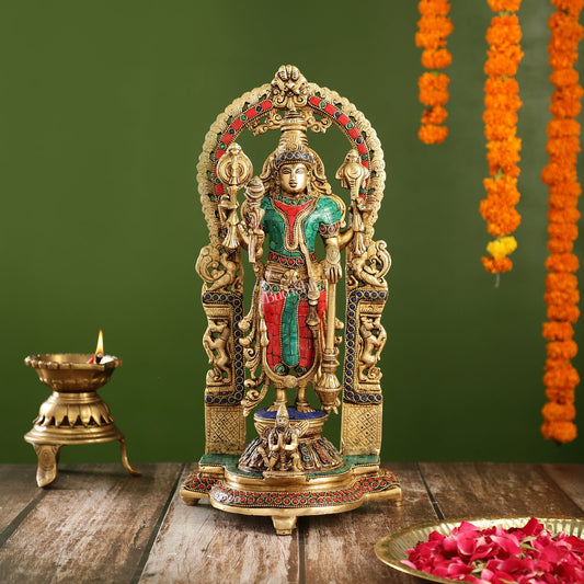 Handcrafted Superfine Brass Lord Vishnu Statue with Intricate Stonework | 16" Height - Budhshiv.com
