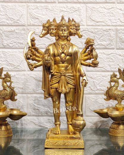Handcrafted Superfine Brass Panchmukhi Hanuman idol | Standing Tall | 14" Height - Budhshiv.com