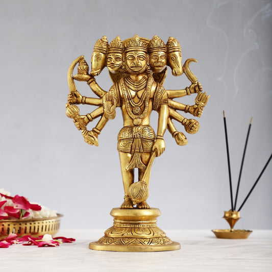 Handcrafted Superfine Brass Standing Panchmukhi Hanuman Idol 12 inch - Budhshiv.com