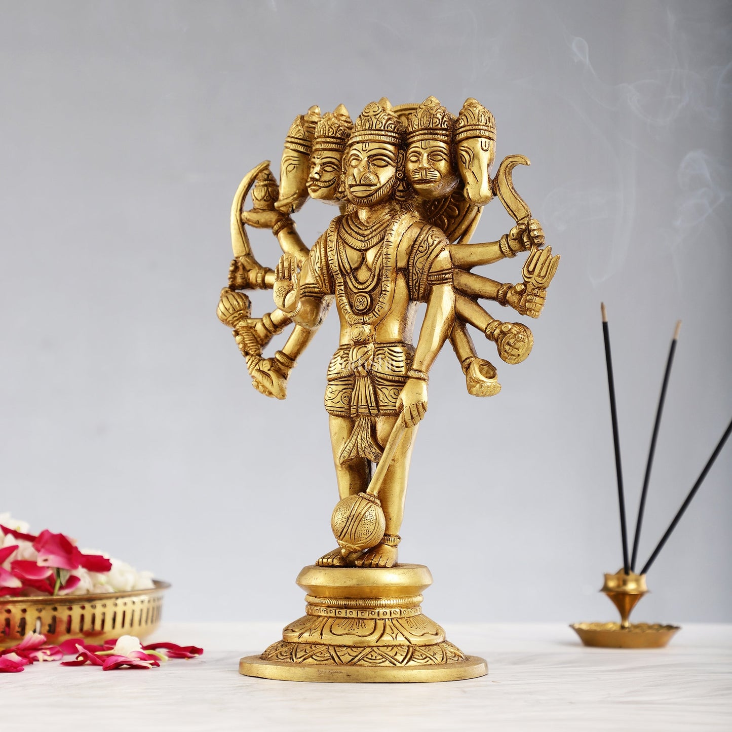 Handcrafted Superfine Brass Standing Panchmukhi Hanuman Idol 12 inch - Budhshiv.com