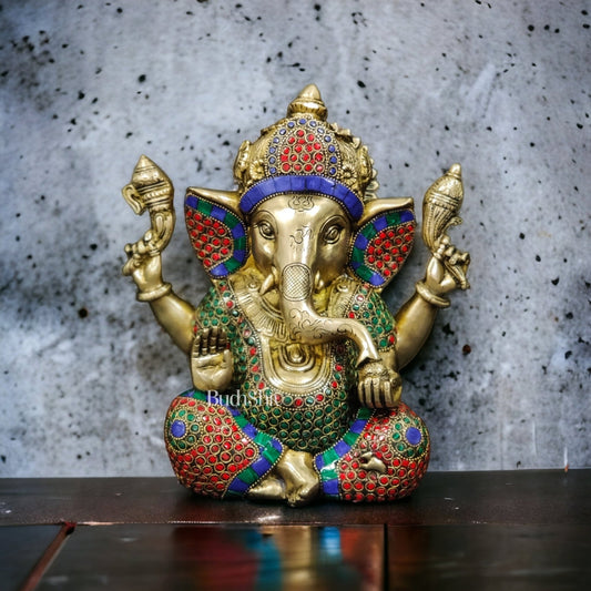 Handcrafted Taj Ganesha Statue - Brass with Stonework, 9 inches - Budhshiv.com