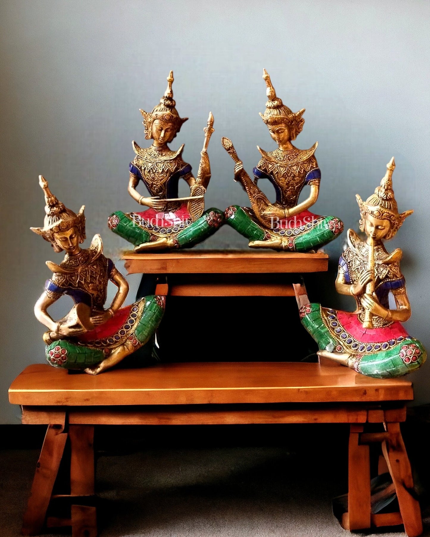 Handcrafted Thai Musical Set of 4 with Natural Stones - 8" - Budhshiv.com