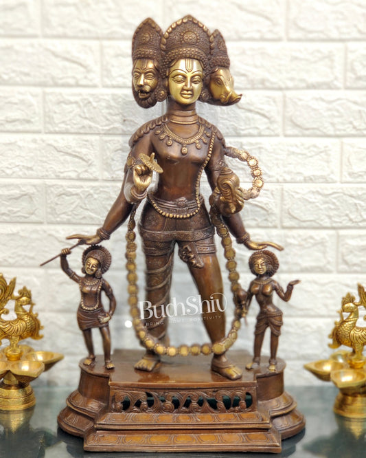 Handcrafted Three-Headed Lord Vishnu Statue | Unique Representation of Para-Vasudevan | Antique Bronze Finish - Budhshiv.com