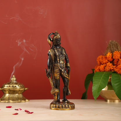 Handmade Brass Lord Hanuman Statue | Black and Gold Finish | 10" Height - Budhshiv.com