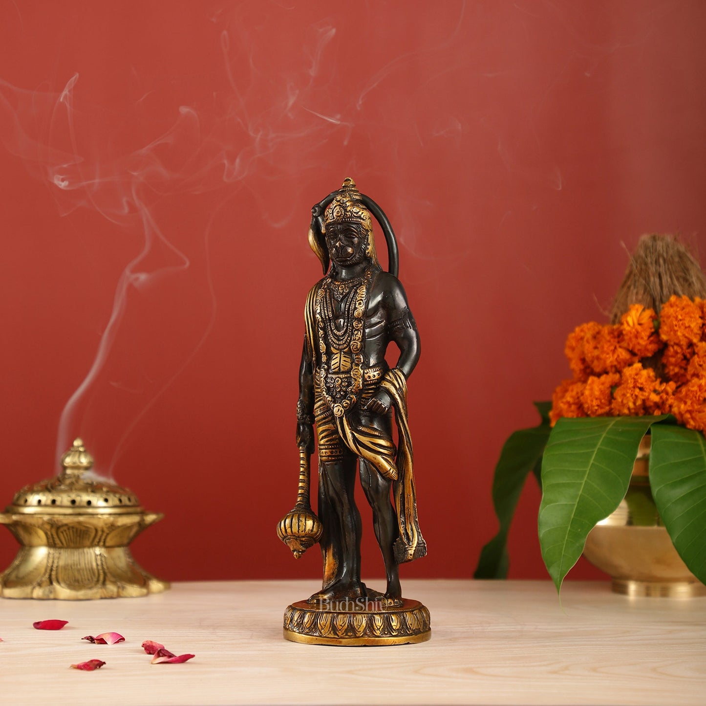 Handmade Brass Lord Hanuman Statue | Black and Gold Finish | 10" Height - Budhshiv.com