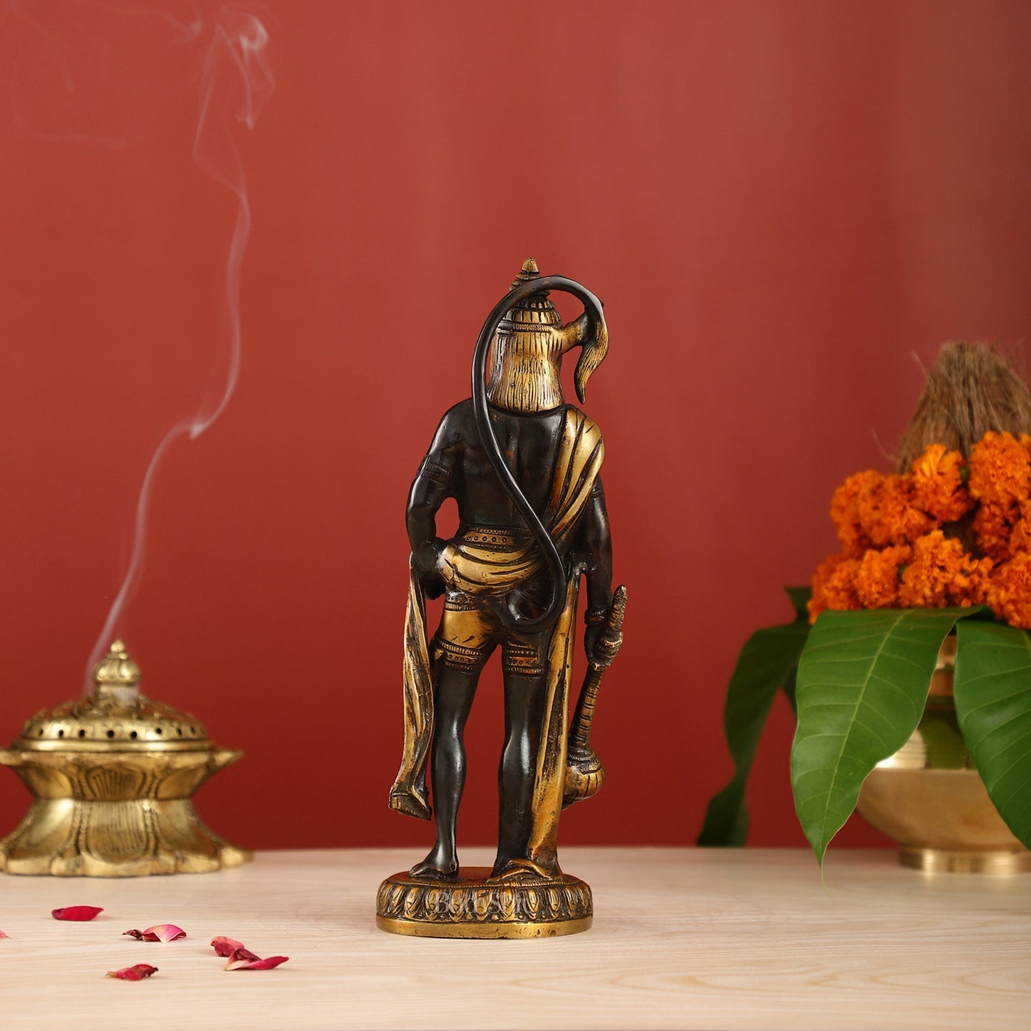 Handmade Brass Lord Hanuman Statue | Black and Gold Finish | 10" Height - Budhshiv.com