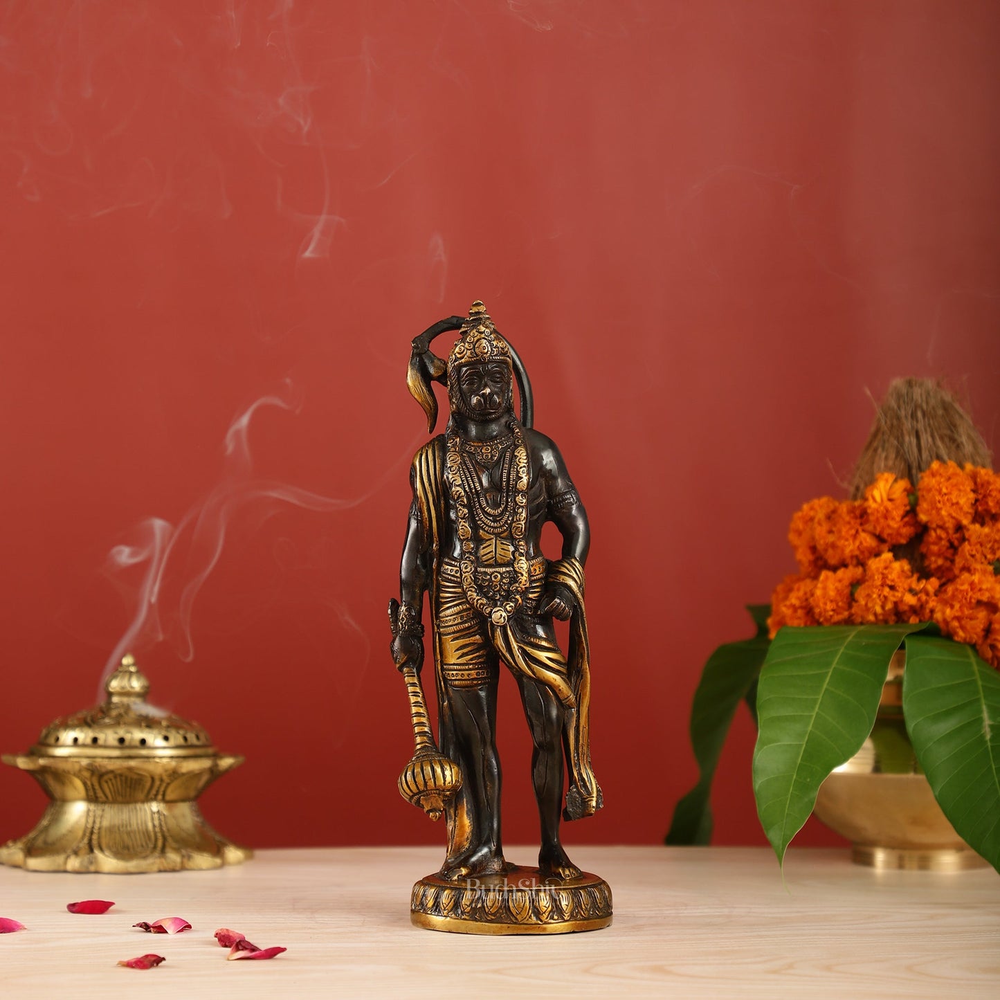 Handmade Brass Lord Hanuman Statue | Black and Gold Finish | 10" Height - Budhshiv.com