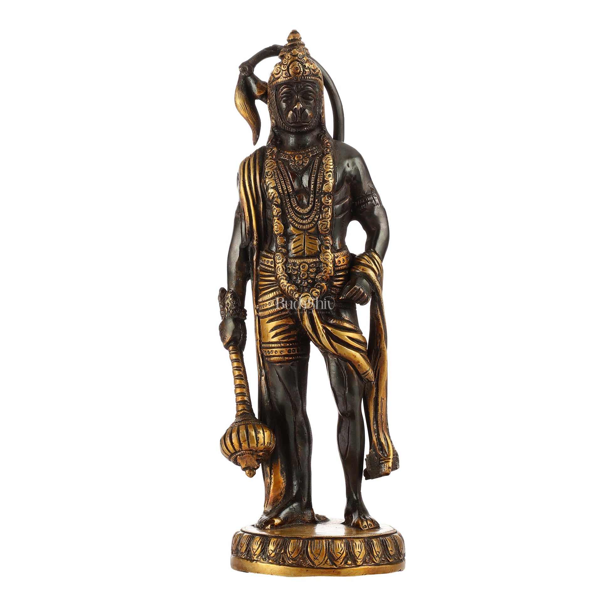 Handmade Brass Lord Hanuman Statue | Black and Gold Finish | 10" Height - Budhshiv.com