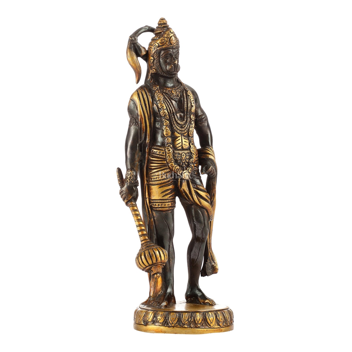 Handmade Brass Lord Hanuman Statue | Black and Gold Finish | 10" Height - Budhshiv.com