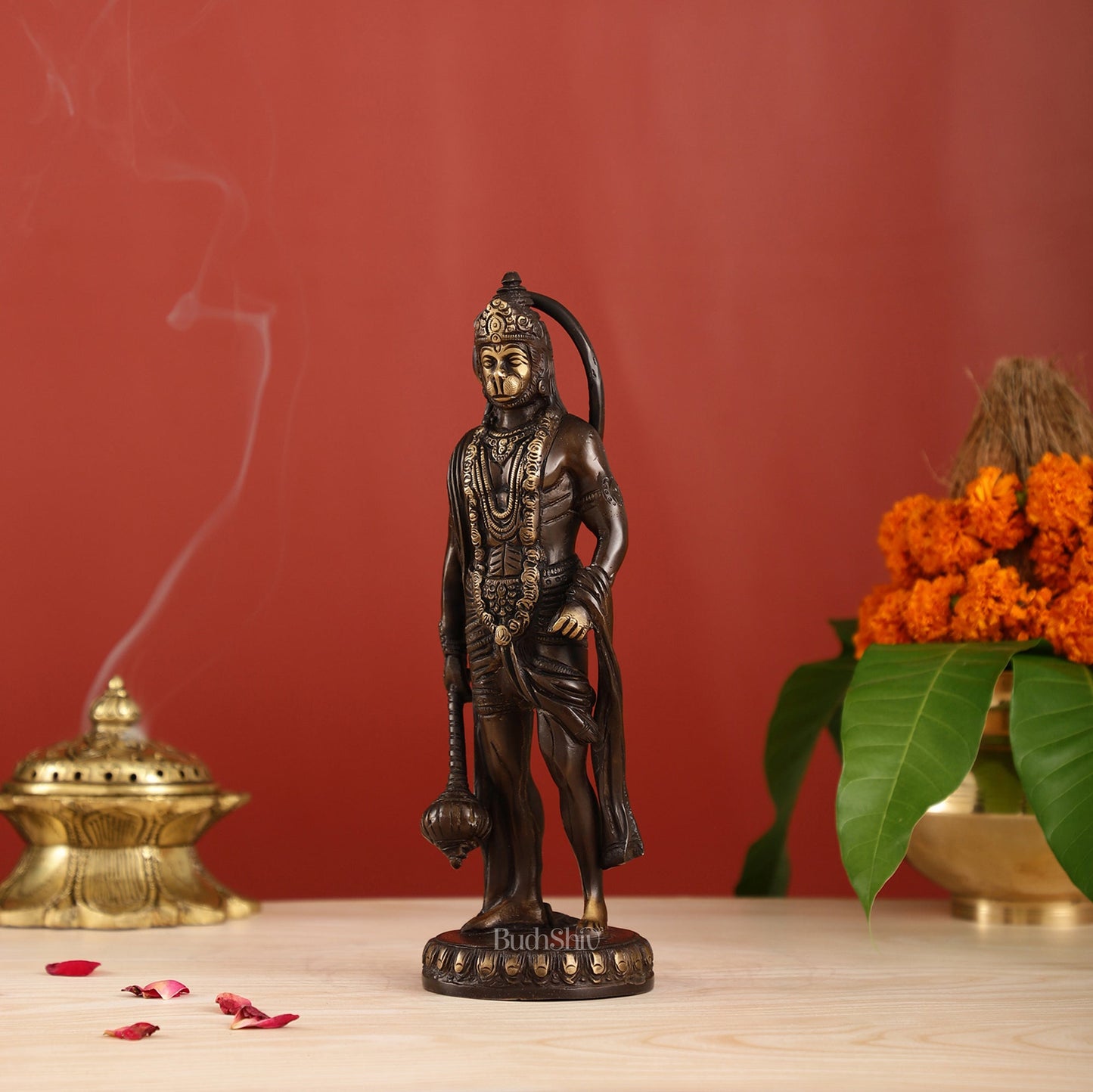 Handmade Brass Lord Hanuman Statue | Brown Gold Finish | 10" Height - Budhshiv.com