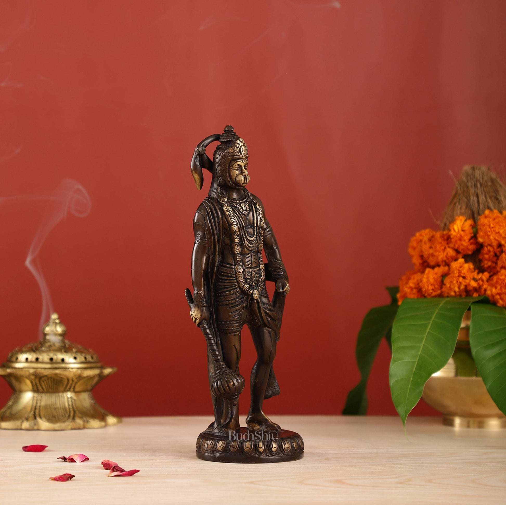 Handmade Brass Lord Hanuman Statue | Brown Gold Finish | 10" Height - Budhshiv.com