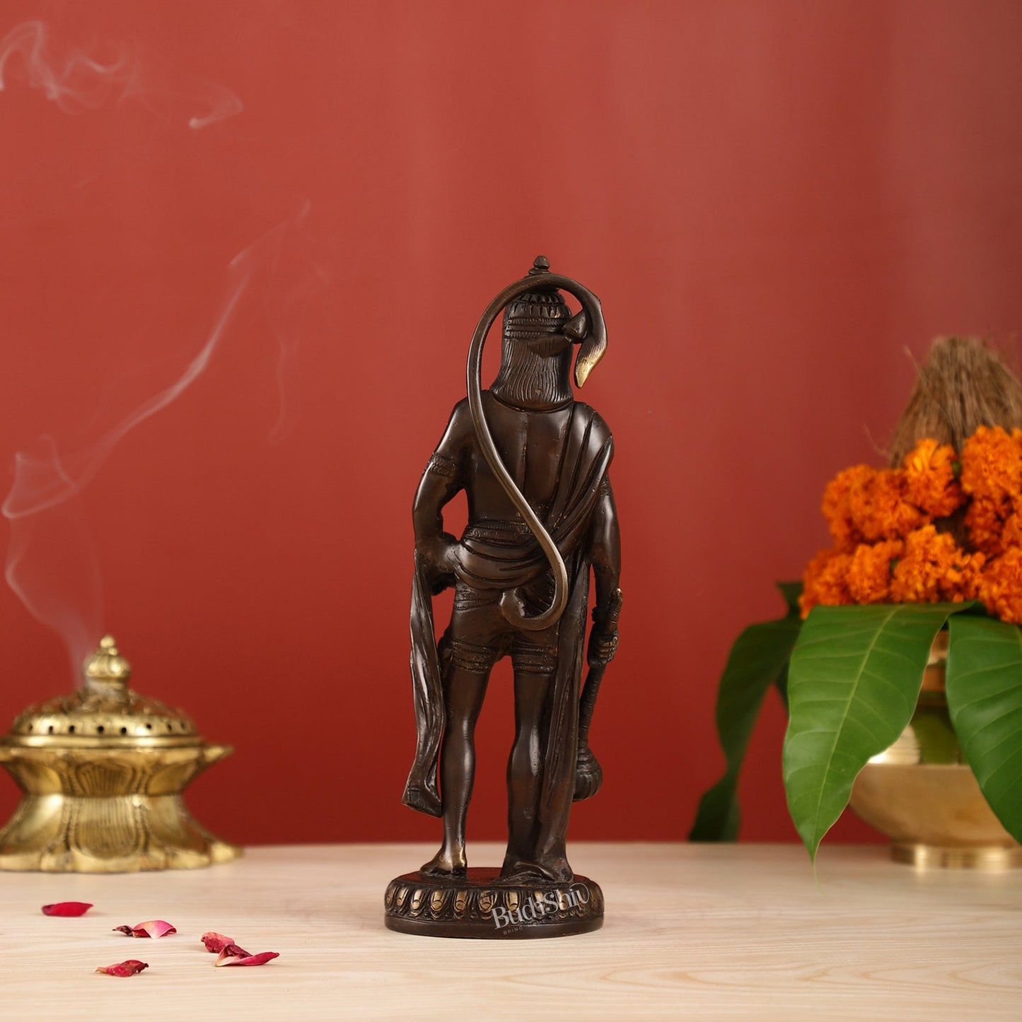 Handmade Brass Lord Hanuman Statue | Brown Gold Finish | 10" Height - Budhshiv.com