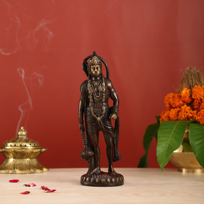 Handmade Brass Lord Hanuman Statue | Brown Gold Finish | 10" Height - Budhshiv.com