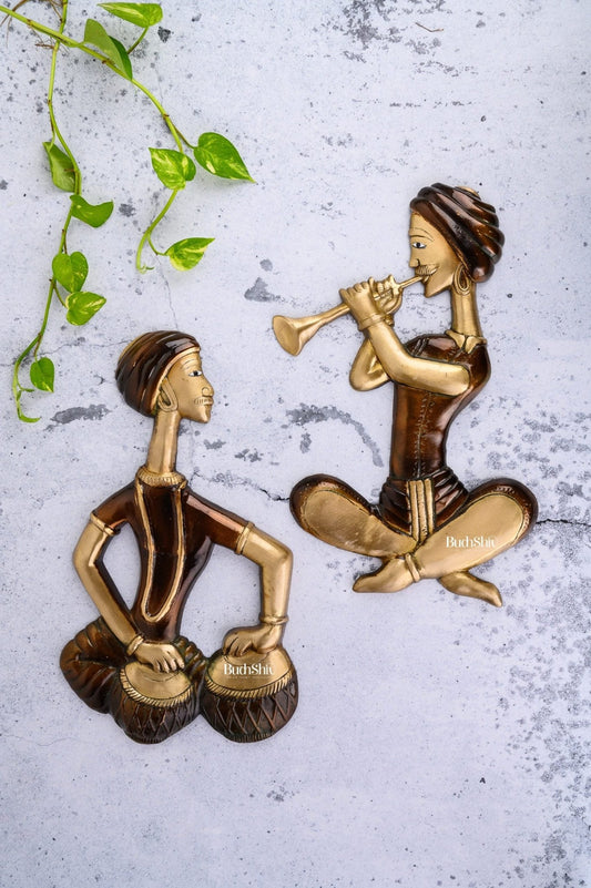 Handmade Hanging Musicians Set in Pure Brass - Set of 2 - Antique Finish Wall Decor for Home, Office or Gift - Budhshiv.com