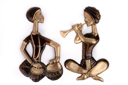 Handmade Hanging Musicians Set in Pure Brass - Set of 2 - Antique Finish Wall Decor for Home, Office or Gift - Budhshiv.com