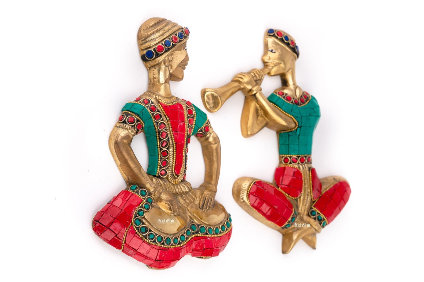 Handmade Hanging Musicians Set with Unique Coloured Stonework | in Pure Brass - Set of 2 - Wall Decor for Home, Office or Gift - Budhshiv.com