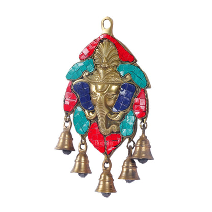 Handmade Pure Brass Ganesh Face Wall Hanging with Bells 10" Stonework - Budhshiv.com