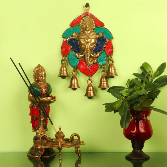 Handmade Pure Brass Ganesh Face Wall Hanging with Bells 10" Stonework - Budhshiv.com