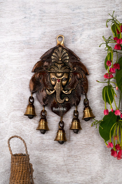 Handmade Pure Brass Ganesh Face Wall Hanging with Bells 10" - Budhshiv.com
