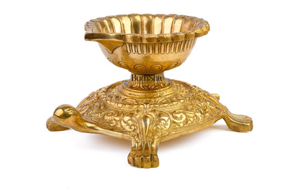 Handmade Pure Brass Lamp Diwali Diya on Tortoise Base for Easy Handling | Height 4 inches | Vastu Good Luck Home or Office - Budhshiv.com