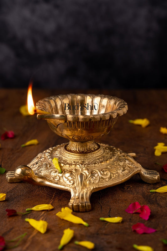 Handmade Pure Brass Lamp Diya on Tortoise Base for Easy Handling| Vastu Good Luck Home or Office - Budhshiv.com